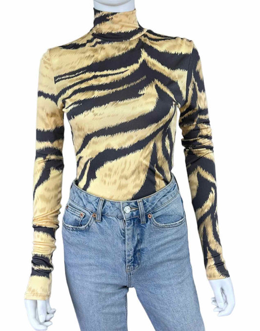 RONNY KOBO Yellow Zebra Print Bodysuit Size M