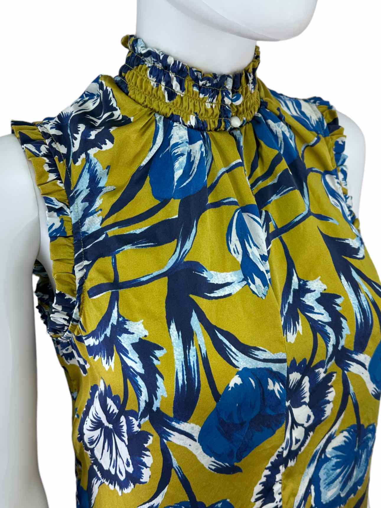 ecru Chartreuse 100% Silk Floral Print Top Size M