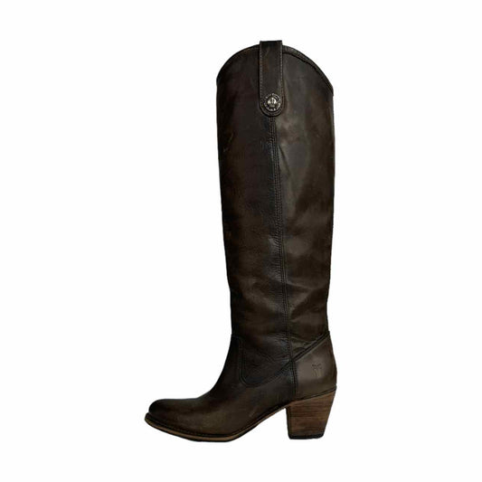 FRYE Brown Leather JACKIE BUTTON Western Heeled Riding Boot, knee boot