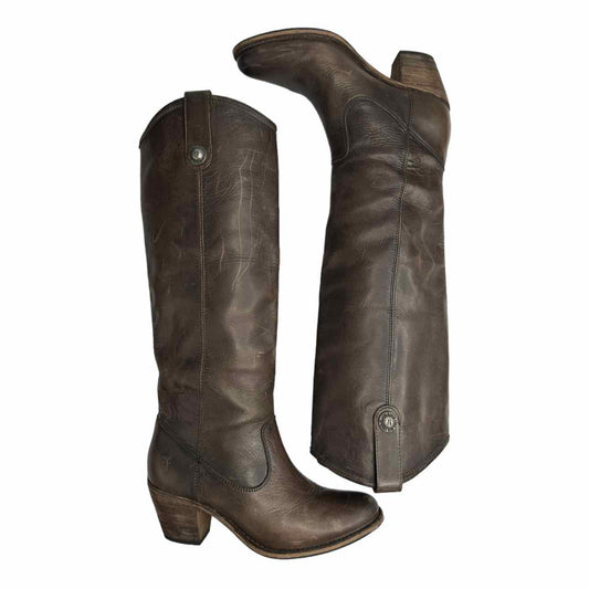 FRYE Brown Leather JACKIE BUTTON Western Heeled Riding Boot, leather western heeled boot