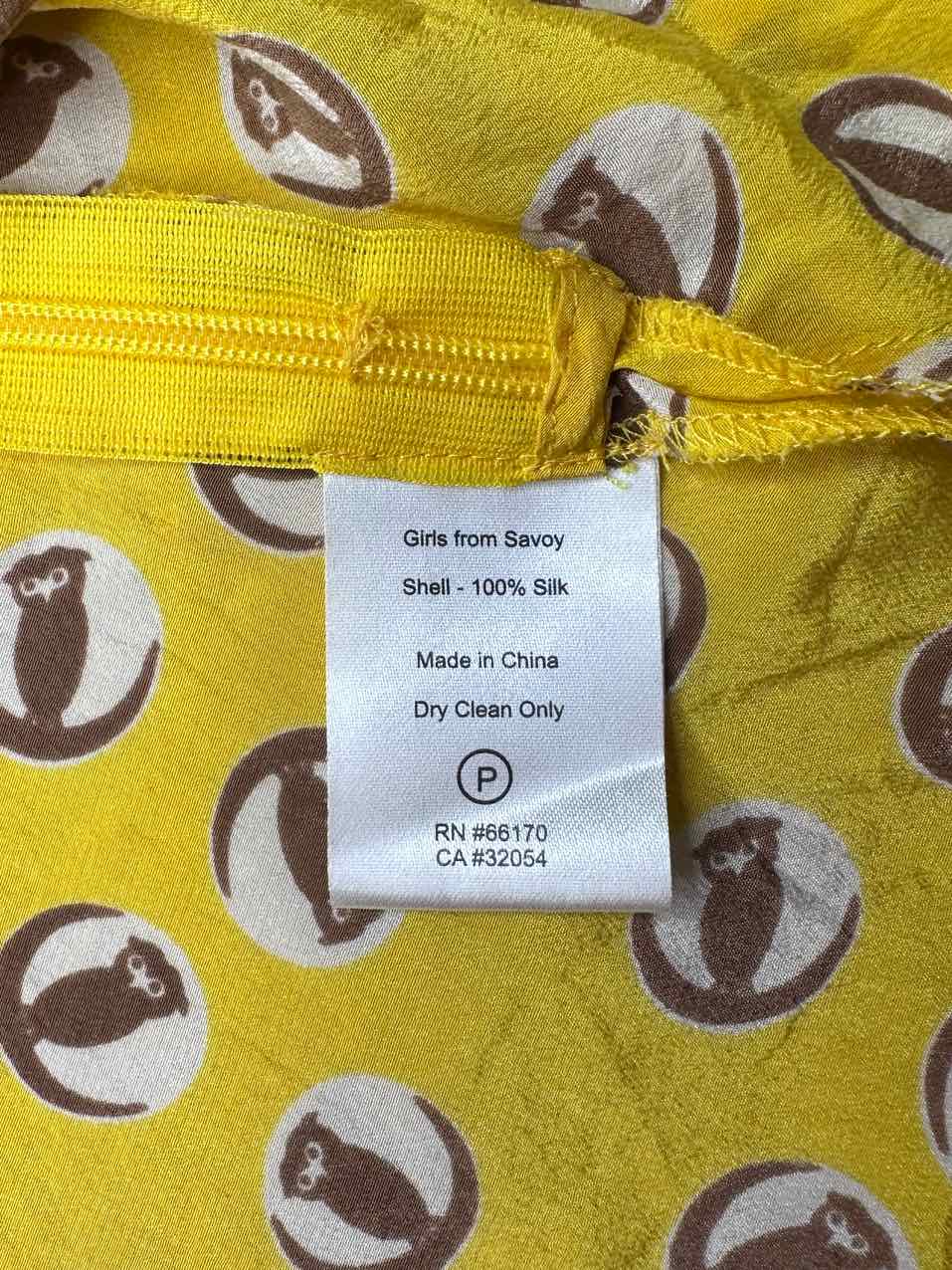 Girls from Savoy by Anthropologie Yellow 100% Silk Owl Print Top Size 14