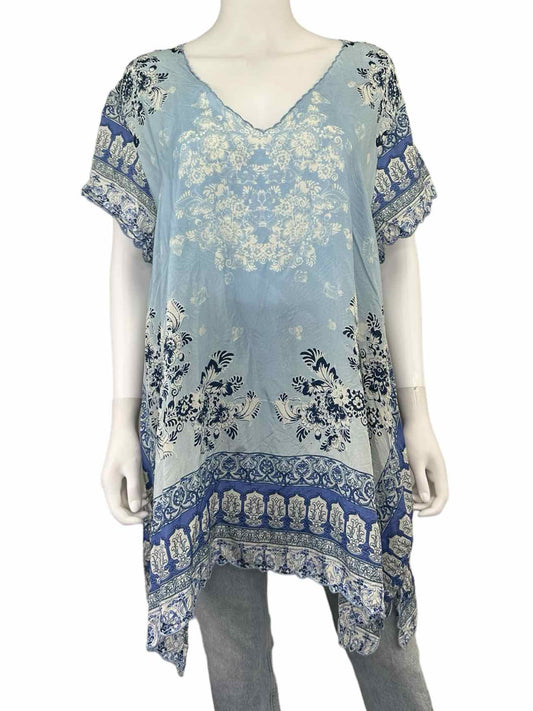 Johnny Was Blue Floral Silk Print Top Size XL