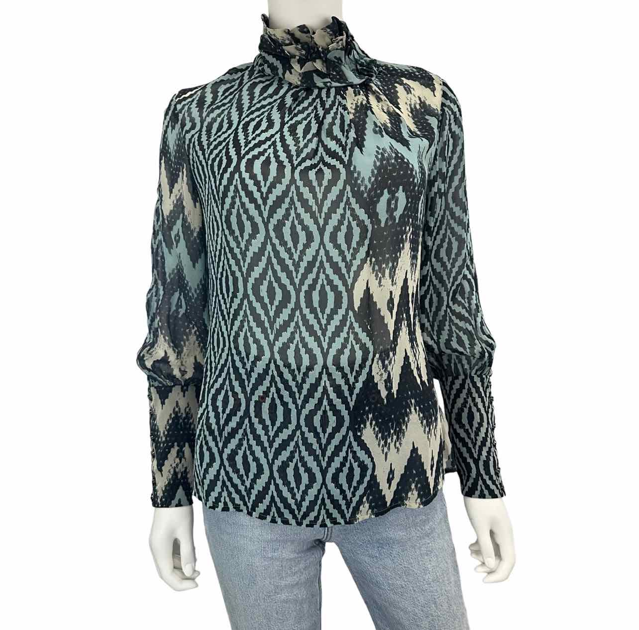 ETCETERA Blue 100% Silk Sheer Print Blouse Size 4