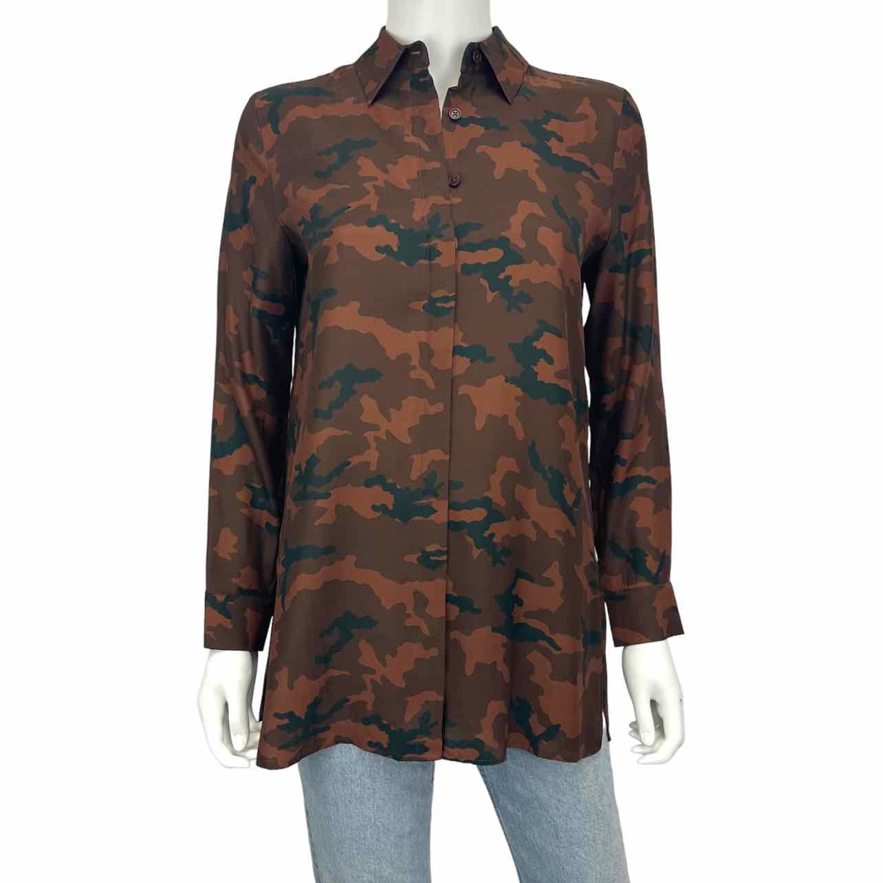 Acrobat 100% Silk Brown Camo Print Button Down Shirt Size XS