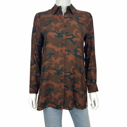 Acrobat 100% Silk Brown Camo Print Button Down Shirt Size XS